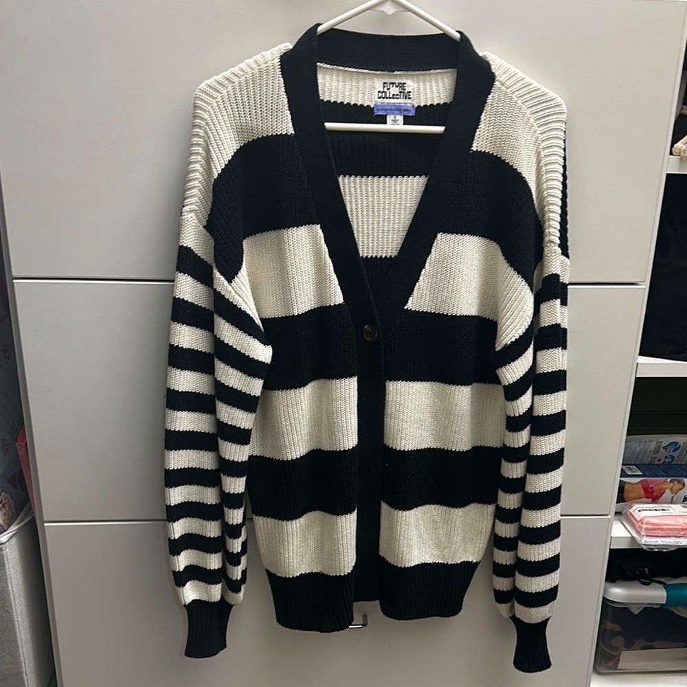 Future Collective Black and White Striped Cardigan